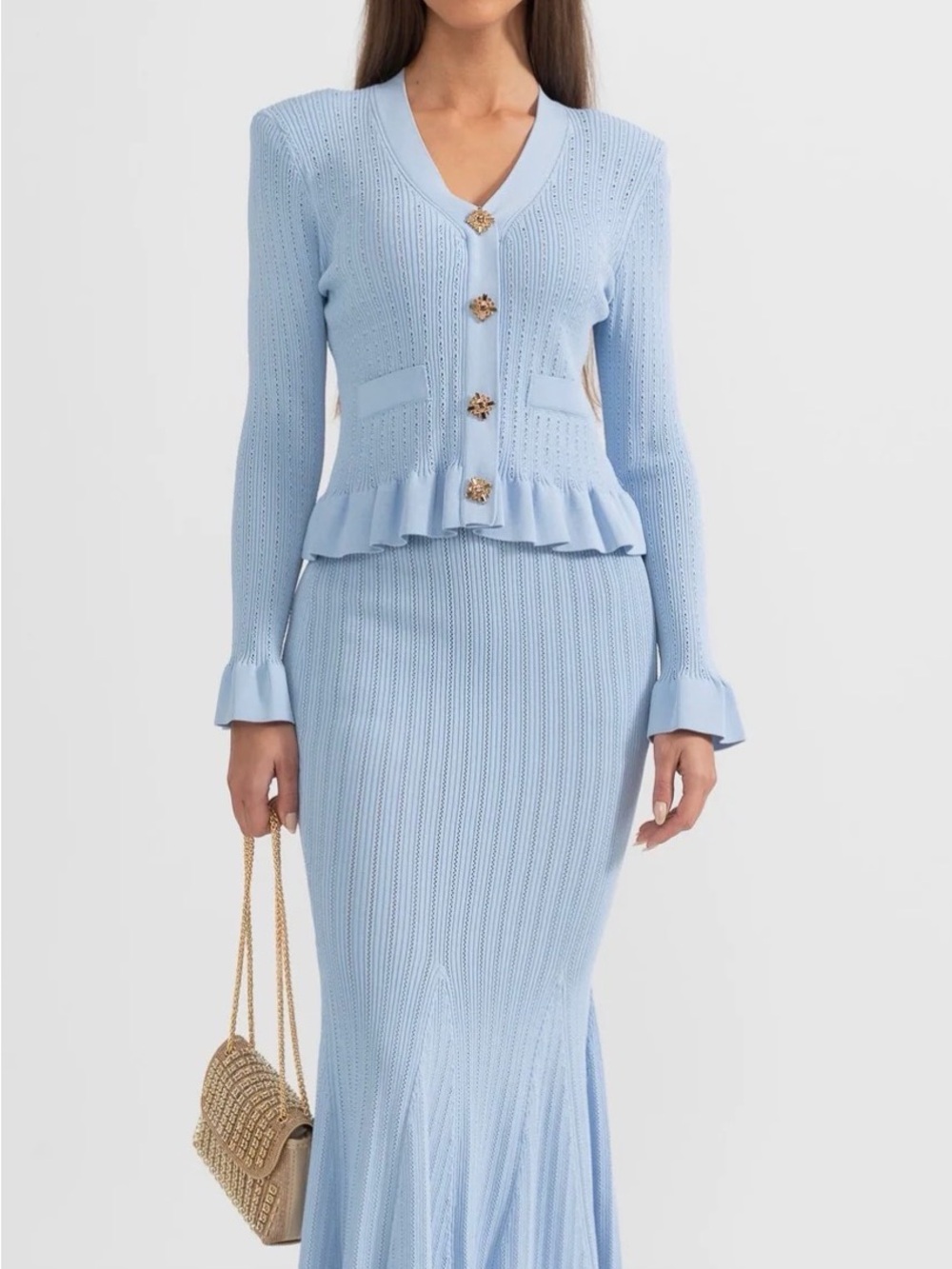 Light Blue Knit Ruffled Jacket and Flared Skirt Two-Piece Matching Set